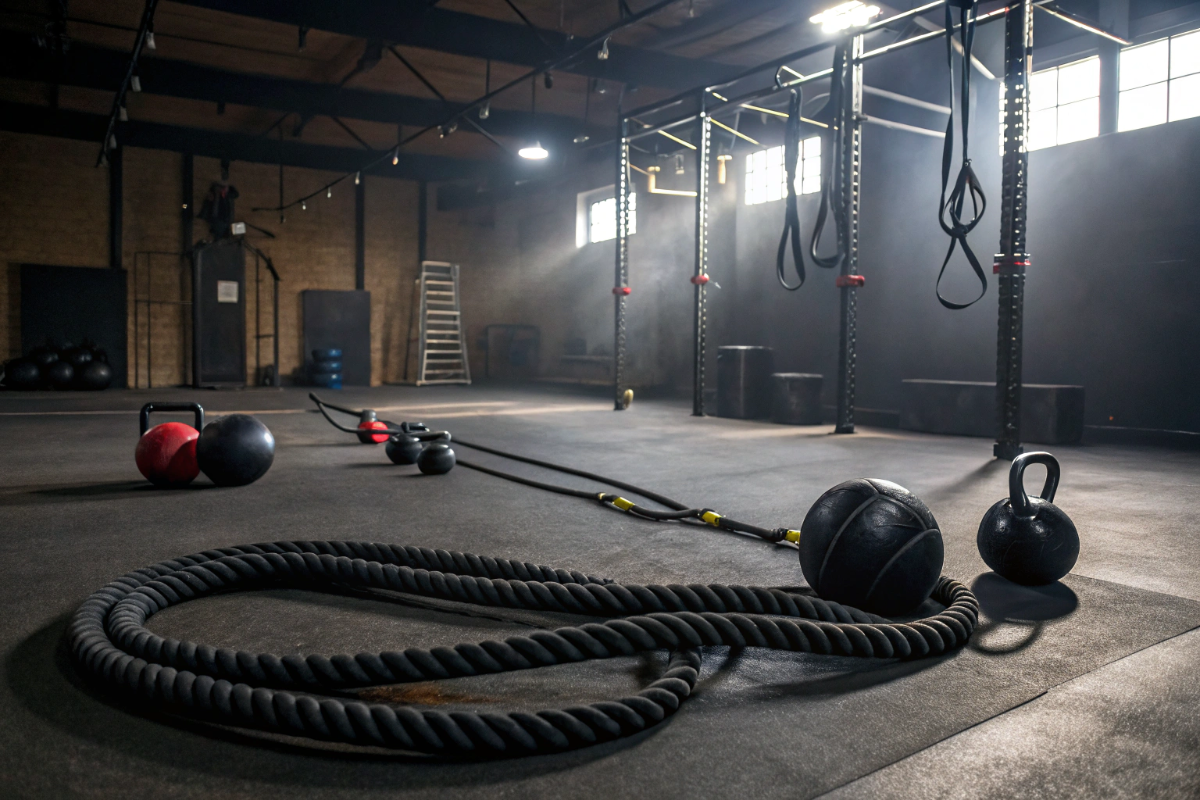 Attrezzatura per allenamento funzionale con battle ropes e medicine ball