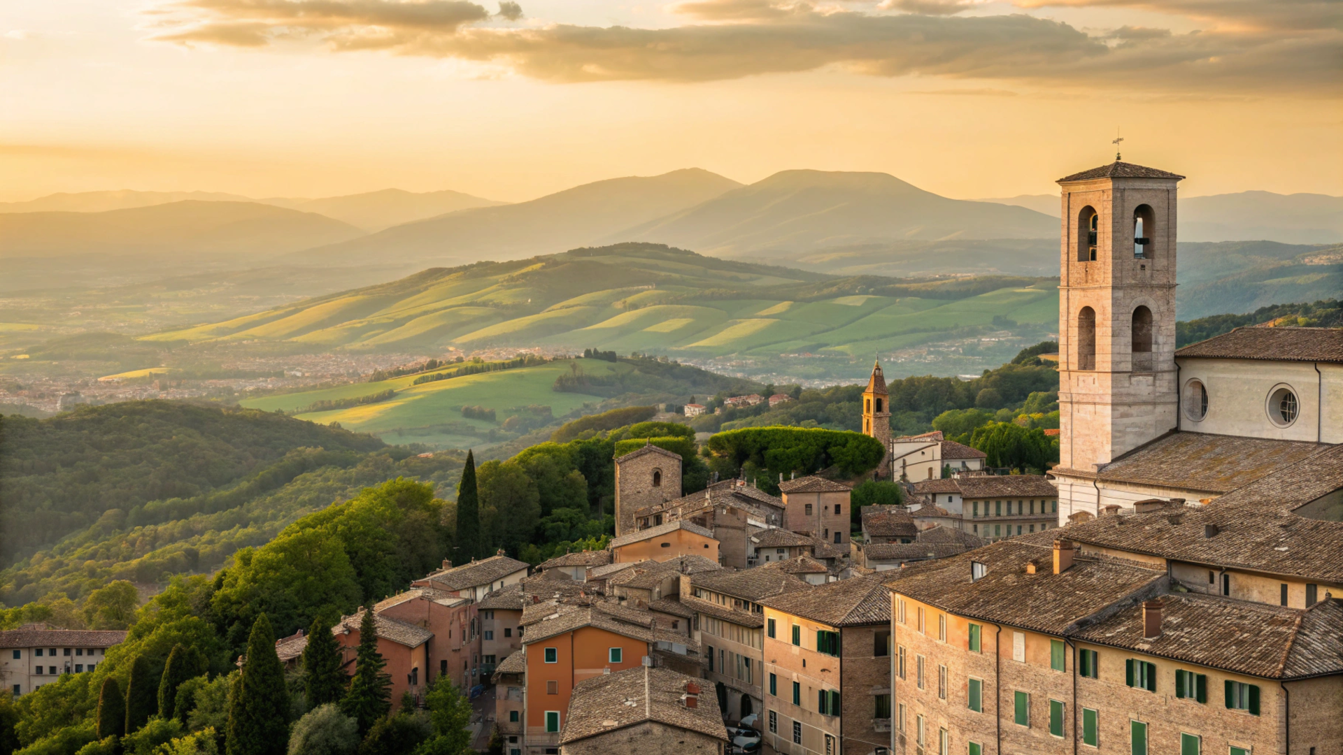 Vista panoramica della città di Perugia con i tetti e le colline dell'Umbria