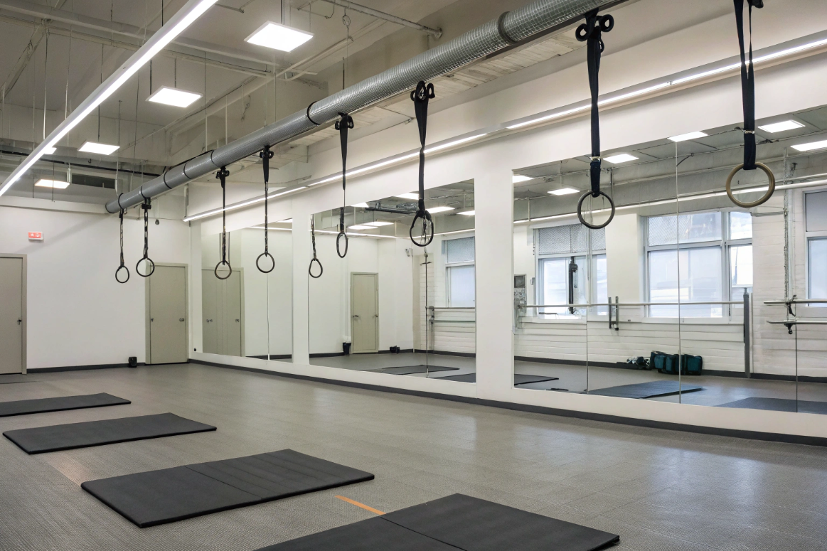 Sala di allenamento con tappetini, sbarre e anelli per ginnastica a Perugia