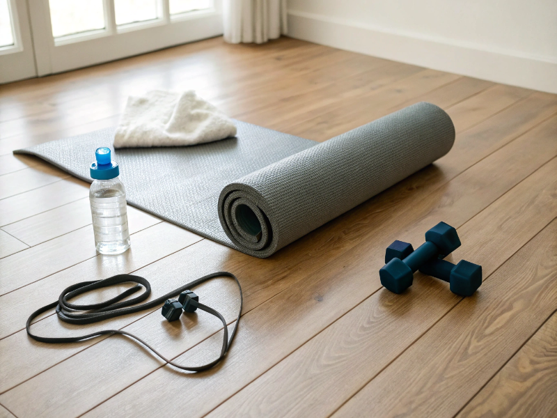 Tappetino yoga con manubri, bottiglia d'acqua e accessori fitness